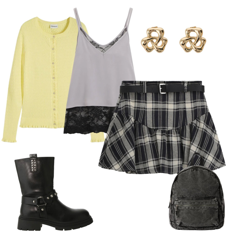 Outfit donna - Outfit Plaid, Pizzo e Pelle. Stile Preppy per Tutti i giorni. Abbinamento con cardigans, zaini, stivali, minigonne, top, orecchini.