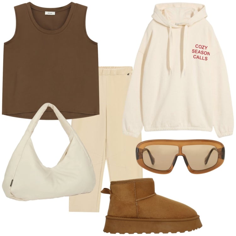 Outfit donna - Sulle Alpi. Stile Casual per Tutti i giorni. Abbinamento con felpe, stivali, occhiali da sole, borse a spalla, pantaloni sportivi, canottiere.