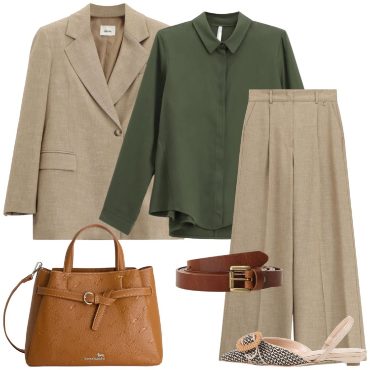 Outfit donna - Total look #2363968. Stile Casual chic per Ufficio. Abbinamento con ballerine, borse a mano, camicie, cinture, pantaloni a palazzo, blazer.