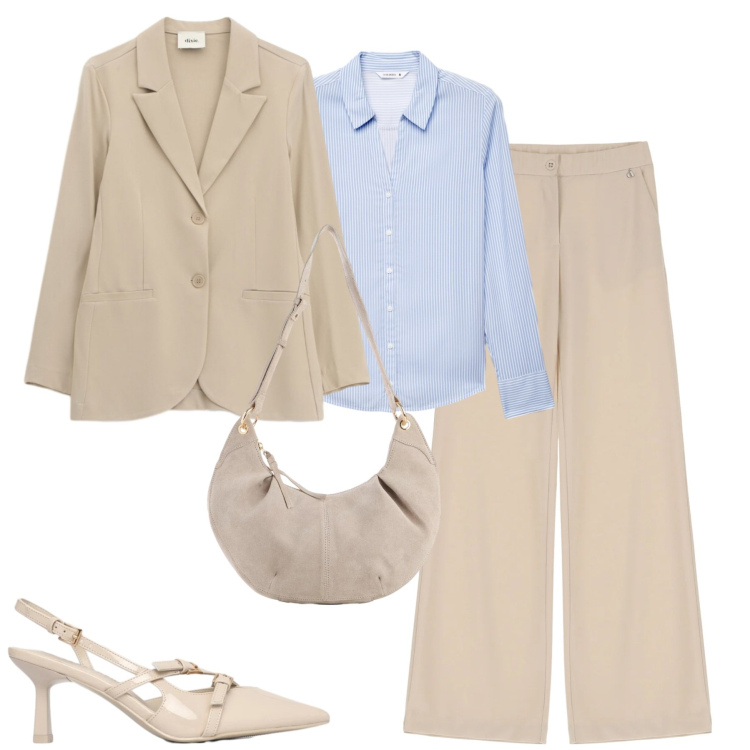 Outfit donna - Soft Power dressing. Stile Urban per Tutti i giorni. Abbinamento con borse a tracolla, pantaloni, blazer, camicie, décolleté.