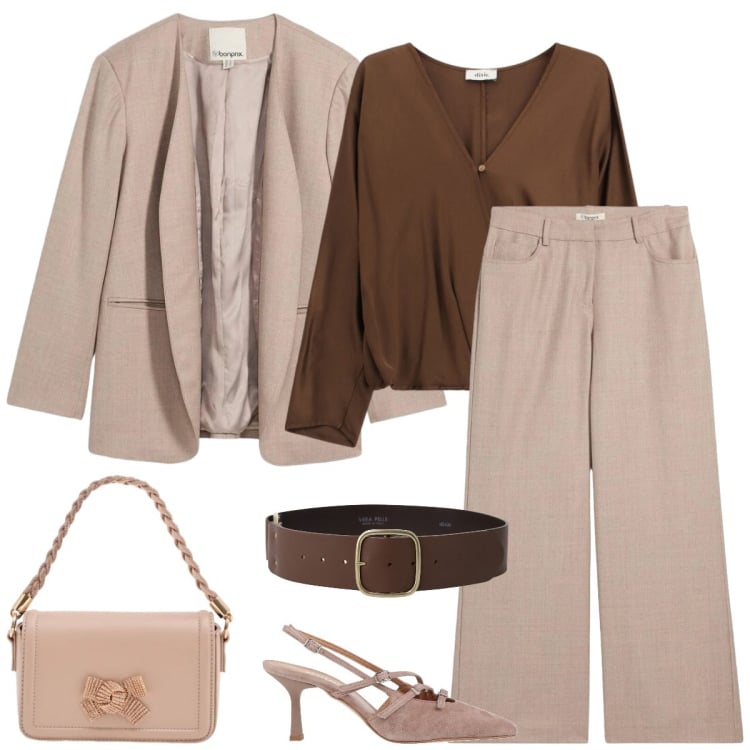 Outfit donna - Total look #2363971. Stile Casual chic per Tutti i giorni. Abbinamento con décolleté, blazer, pantaloni, pochette, bluse, cinture.