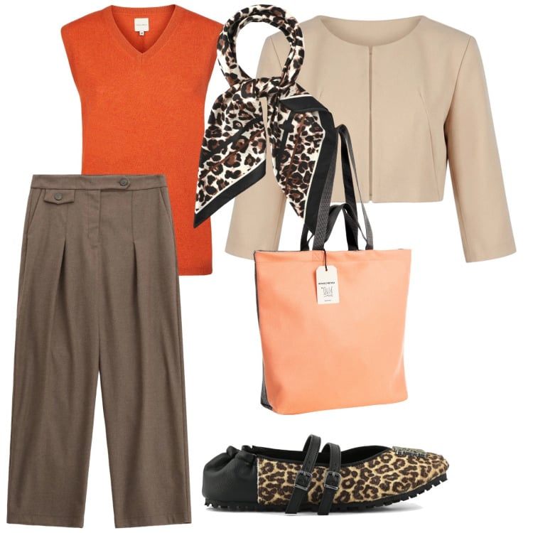 Outfit donna - Leopardo. per Tutti i giorni. Abbinamento con foulard, pantaloni, bolero, borse tote, maglieria, ballerine.