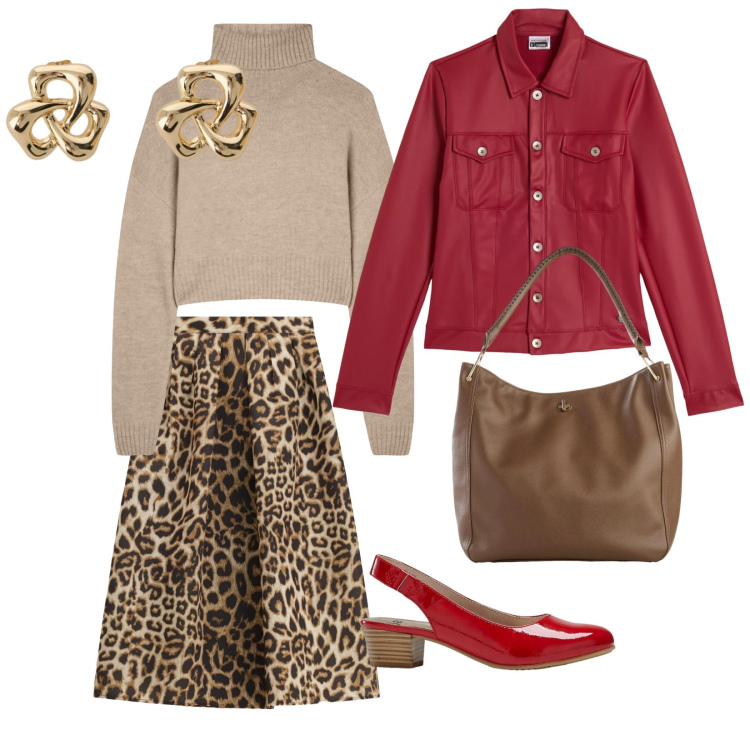 Outfit donna - Animalier primavera. per Tutti i giorni. Abbinamento con décolleté, borse a tracolla, maglieria, gonne lunghe, orecchini, giacche.