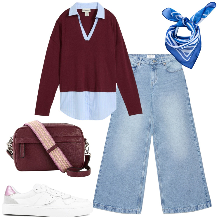 Outfit donna - Celeste e bordeaux. Stile Casual per Tutti i giorni. Abbinamento con borse a tracolla, foulard, maglieria, jeans, sneakers.