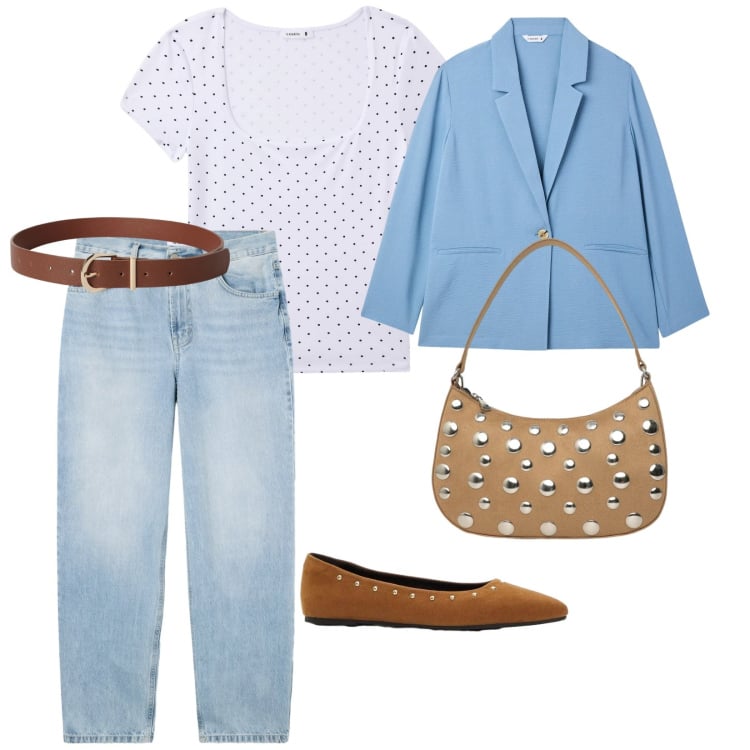 Outfit donna - Primavera. per Scuola/Università. Abbinamento con ballerine, t-shirt, cinture, borse a tracolla, blazer, jeans dritti.