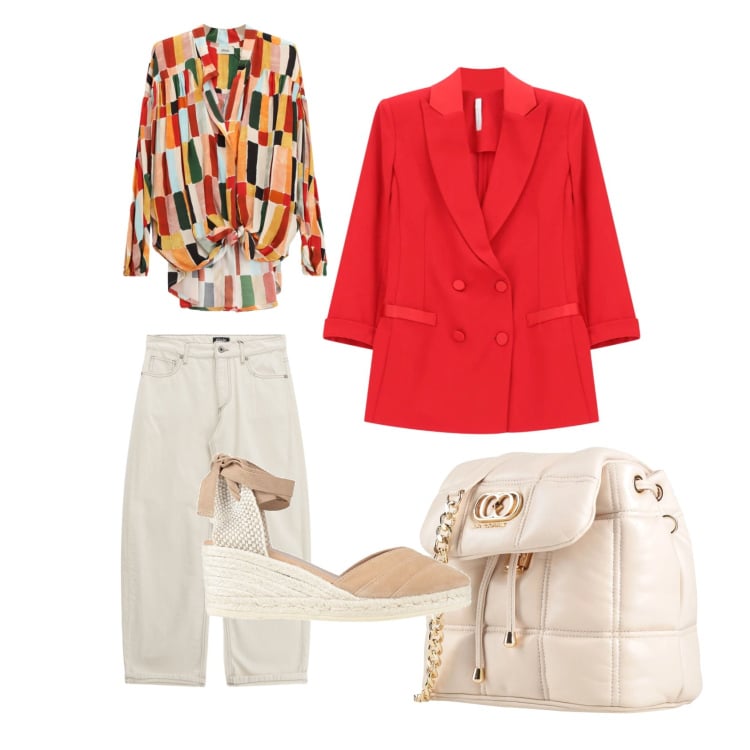 Outfit donna - La giacca rossa. Stile Casual per Tutti i giorni. Abbinamento con valigie, espadrillas, blazer, pantaloni, bluse.