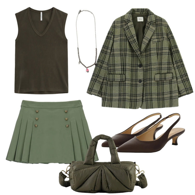 Outfit donna - Total look #2363984. Stile Casual per Ufficio. Abbinamento con top, blazer, décolleté, ciondoli, minigonne, borse a mano.