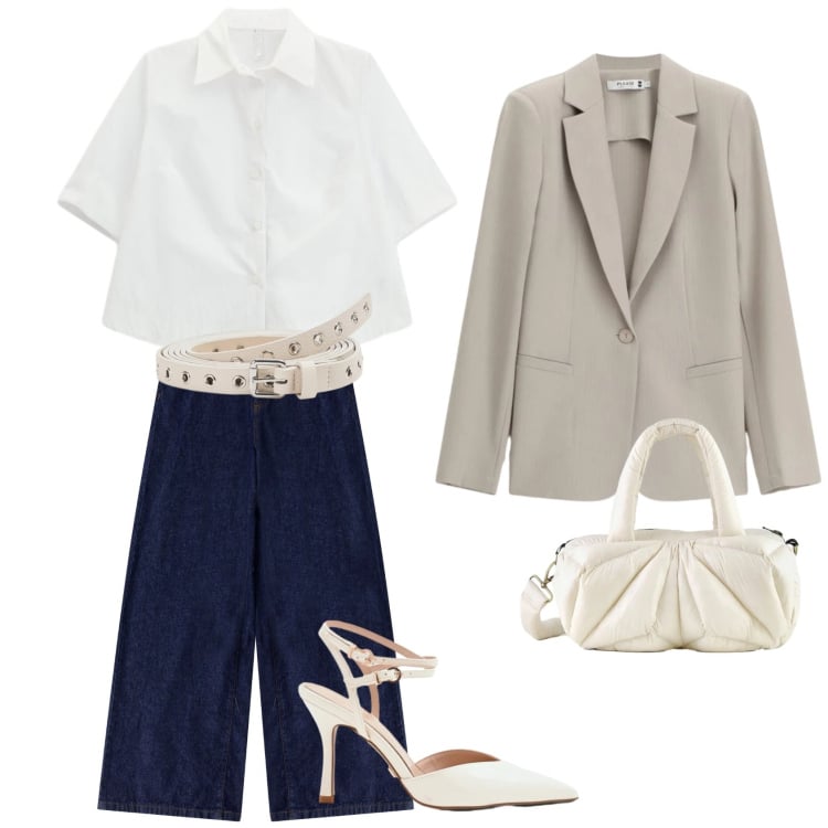 Outfit donna - Chic boss at work. Stile Casual chic Abbinamento con cinture, blazer, décolleté, borse a mano, camicie a manica corta, jeans.