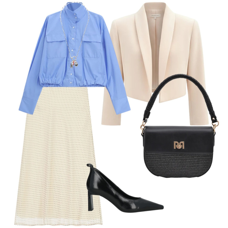 Outfit donna - Da mattina a sera. per Tutti i giorni. Abbinamento con décolleté, gonne lunghe, camicie, ciondoli, borse a spalla, bolero.