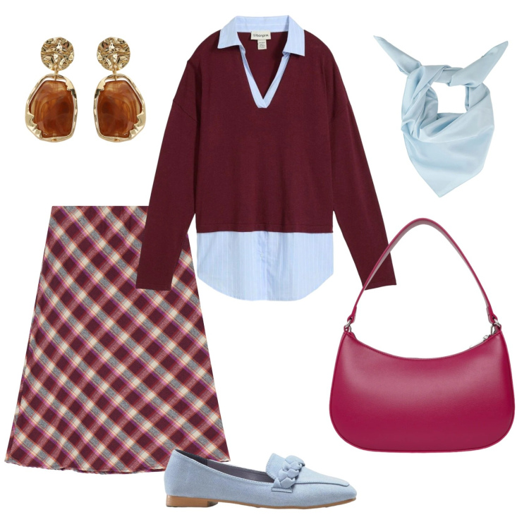 Outfit donna - Total look #2363991. Stile Casual chic per Ufficio. Abbinamento con mocassini, maglieria, borse a tracolla, gonne, orecchini, foulard.