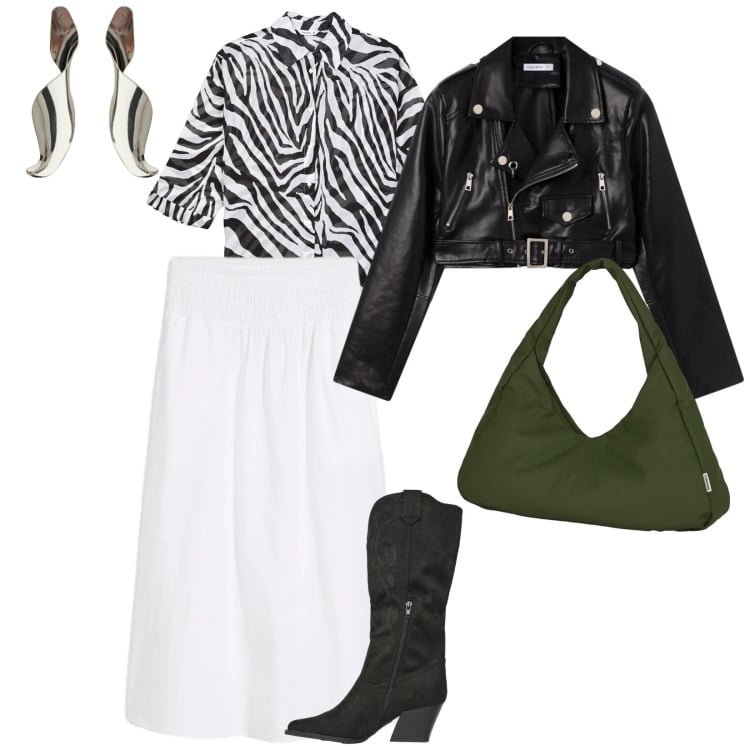 Outfit donna - Primavera rock. per Serata fuori. Abbinamento con gonne longuette, camicie, giacche, stivali, borse a spalla, orecchini.