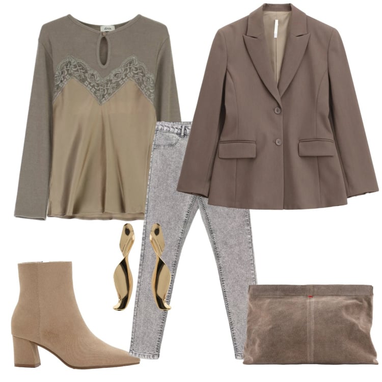 Outfit donna - Total look #2363994. Stile Casual chic per Ufficio. Abbinamento con stivaletti, jeggings, blazer, maglieria, orecchini, pochette.