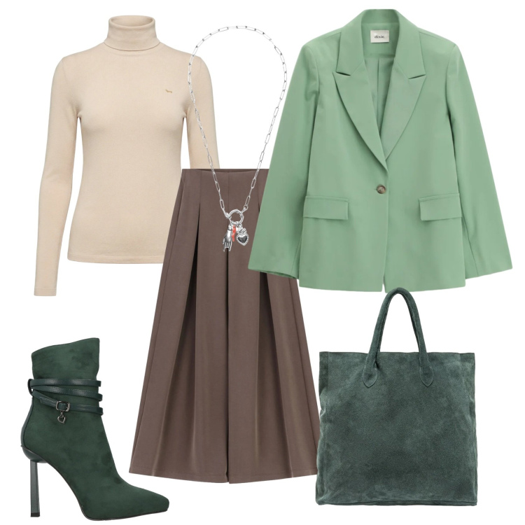 Outfit donna - Total look #2363997. Stile Casual chic per Ufficio. Abbinamento con stivaletti, maglieria, pantaloni a palazzo, blazer, ciondoli, borse a mano.