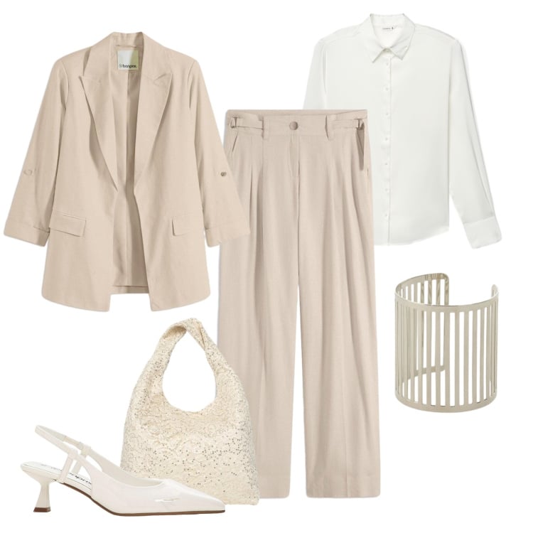 Outfit donna - Leggerezza primaverile. Stile Glamour per Tutti i giorni. Abbinamento con pantaloni a palazzo, blazer, décolleté, camicie, borse a spalla, braccialetti.