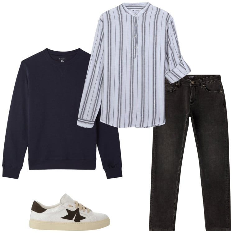 Outfit uomo - Camicia a maniche arrotolate. Stile Casual per Tutti i giorni. Abbinamento con camicie, jeans, felpe, sneakers.