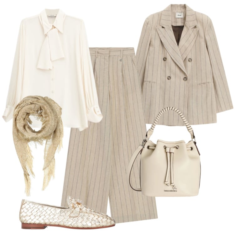 Outfit donna - Gessato soft. Stile Glamour per Serata fuori. Abbinamento con mocassini, stole, borse a secchiello, pantaloni a palazzo, blazer, camicie.