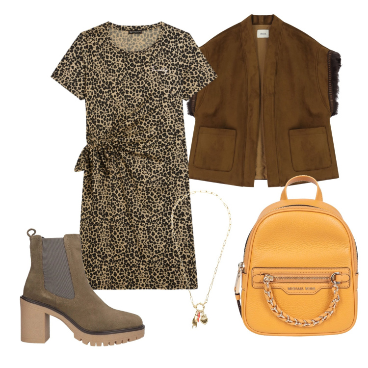 Outfit donna - Marzo. Stile Trendy per Tutti i giorni. Abbinamento con zaini, stivaletti chelsea, gilet, vestiti midi/longuette, ciondoli.