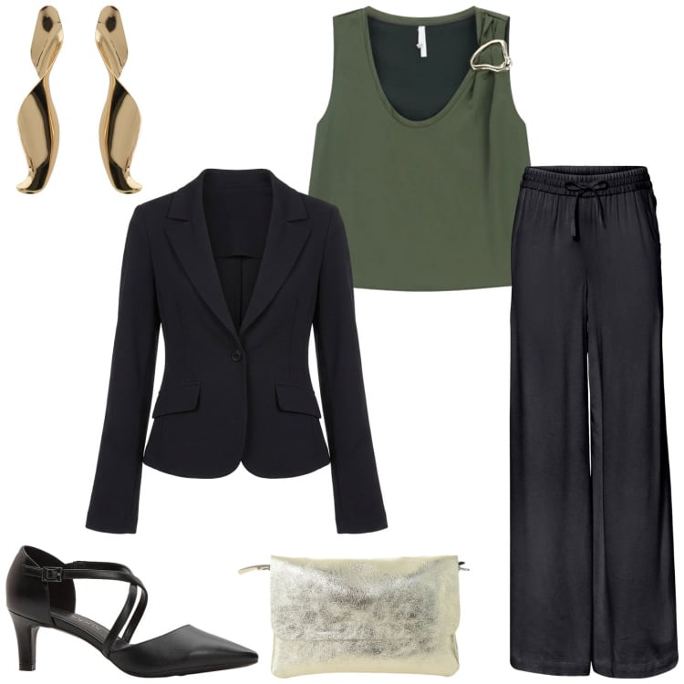 Outfit donna - Total look #2364023. Stile Chic per Serata fuori. Abbinamento con pantaloni, décolleté, blazer, top, borse a spalla, orecchini.
