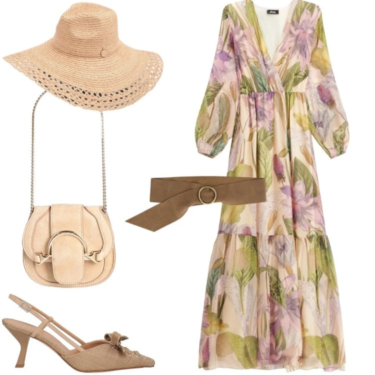 Outfit donna - Cerimonia all\' aperto. Stile Romantica per Cerimonia. Abbinamento con marsupi, décolleté, cappelli, vestiti lunghi, cinture.