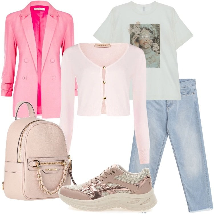 Outfit donna - Maglia leggera protagonista. Stile Trendy per Scuola/Università. Abbinamento con zaini, jeans, blazer, cardigans, t-shirt, sneakers.