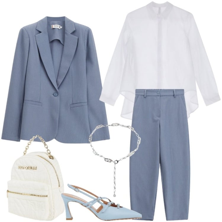 Outfit donna - Soft Power dressing. Stile Chic per Ufficio. Abbinamento con décolleté, zaini, pantaloni, blazer, cinture, camicie.