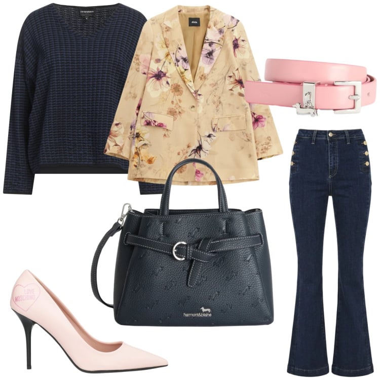 Outfit donna - Outfit in primavera. Stile Trendy per Tutti i giorni. Abbinamento con décolleté, pullovers, borse a mano, cinture, blazer, jeans a zampa.