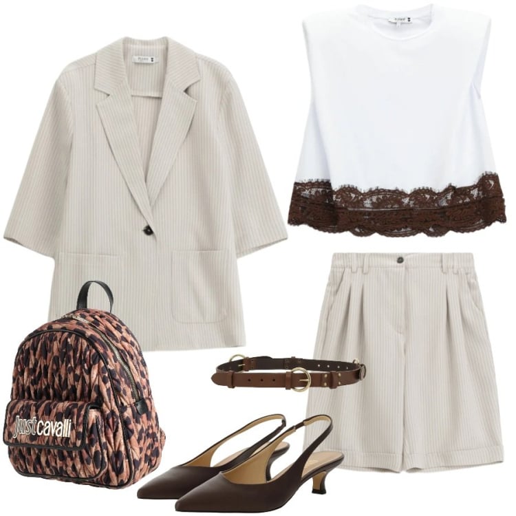 Outfit donna - Soft Power dressing. Stile Casual chic per Tutti i giorni. Abbinamento con zaini, top, blazer, bermuda, cinture, décolleté.