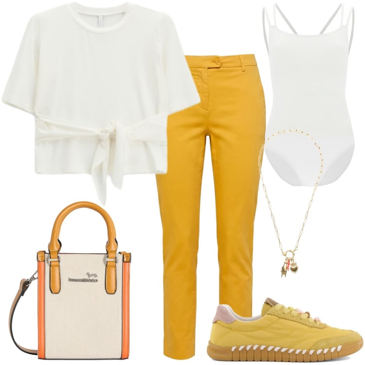 Outfit donna - Sunlight. Stile Casual per Tutti i giorni. Abbinamento con pantaloni, borse tote, t-shirt, body, ciondoli, sneakers.