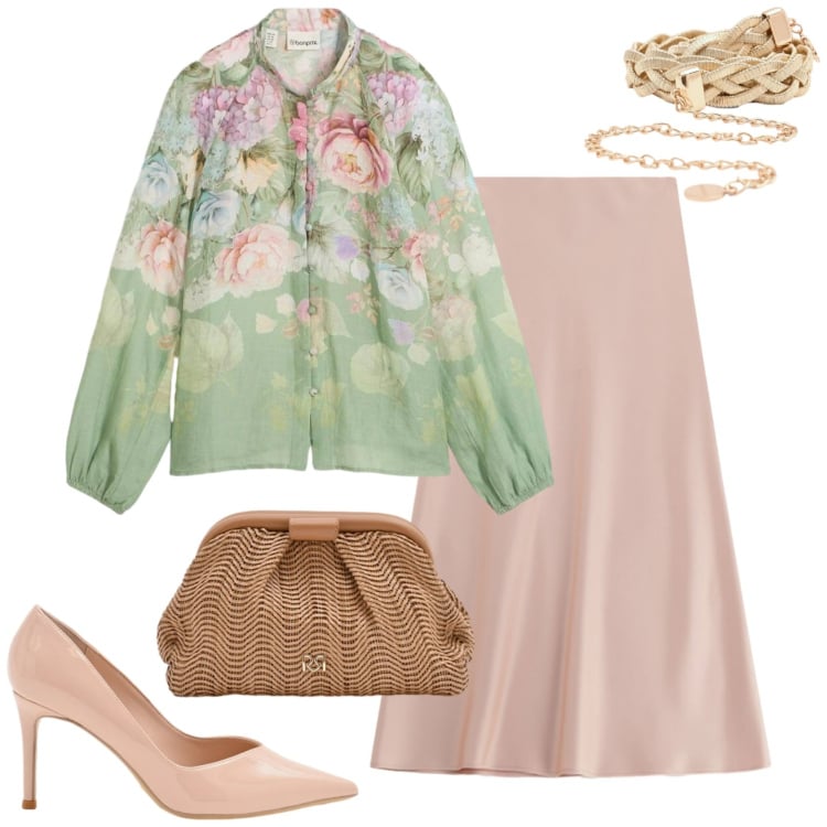 Outfit donna - Atmosfere primaverili. Stile Chic per Cerimonia. Abbinamento con bluse, pochette, cinture, décolleté, gonne lunghe.