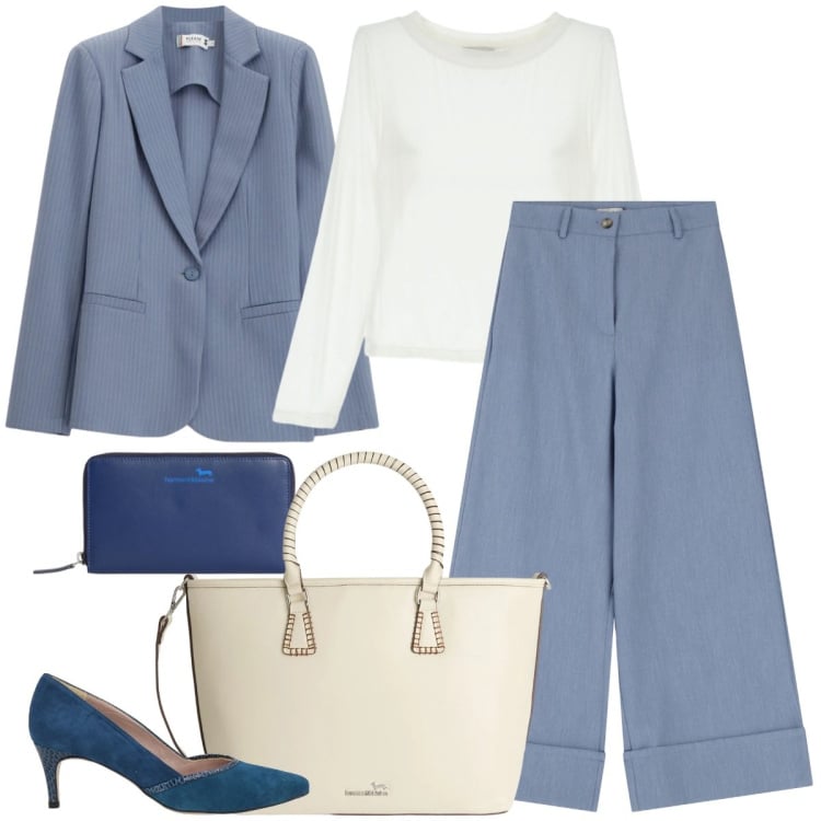 Outfit donna - Soft Power Dressing. Stile Mannish per Ufficio. Abbinamento con décolleté, shopping bag, portafogli, blazer, pantaloni a palazzo, t-shirt.