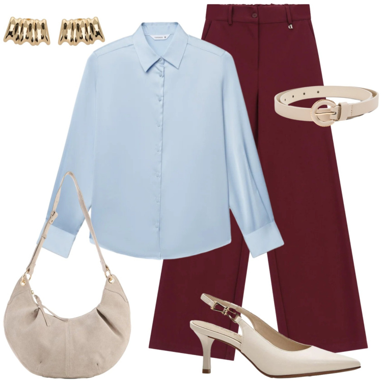 Outfit donna - Celeste e bordeaux. Stile Casual chic per Ufficio. Abbinamento con décolleté, borse a tracolla, camicie, cinture, pantaloni a palazzo, orecchini.