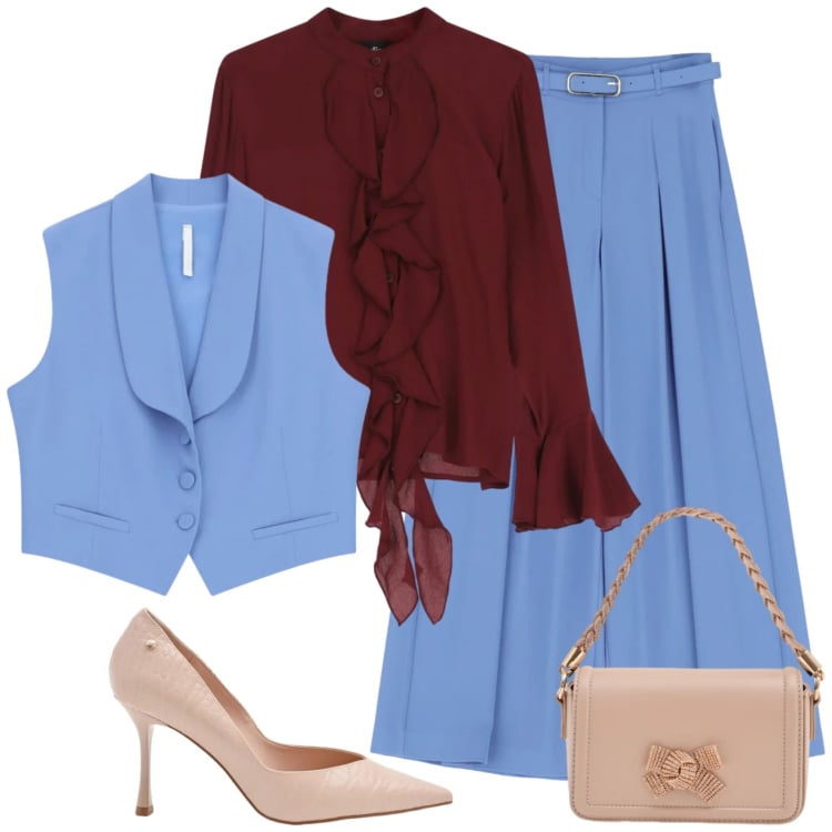 Outfit donna - Celeste e bordeaux. Stile Chic per Cerimonia. Abbinamento con pochette, décolleté, pantaloni a palazzo, gilet, camicie.