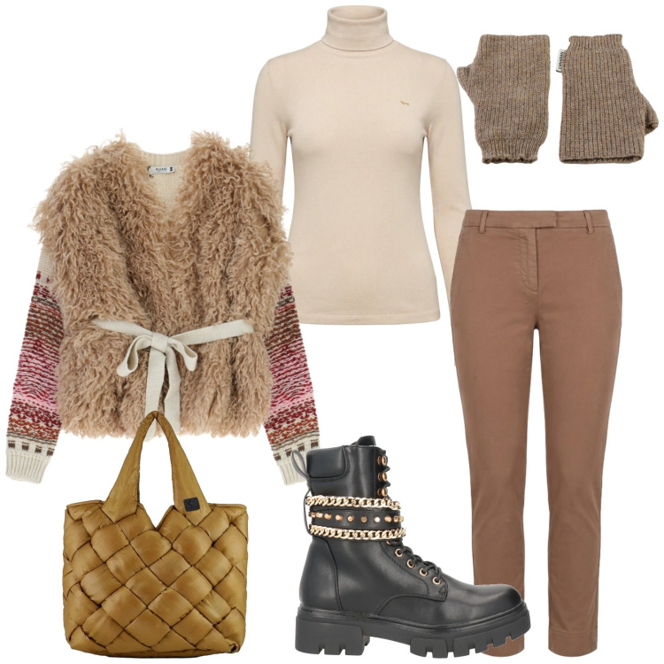 Outfit donna - Total look #2364085. Stile Chic per Tutti i giorni. Abbinamento con anfibi, maglieria, pantaloni, maglieria, borse tote, guanti.