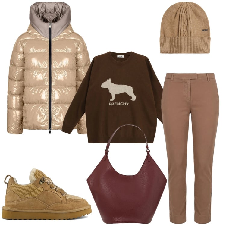 Outfit donna - Total look #2364090. Stile Casual per Tutti i giorni. Abbinamento con pantaloni, piumini, maglieria, borse a spalla, berretti, sneakers alte.