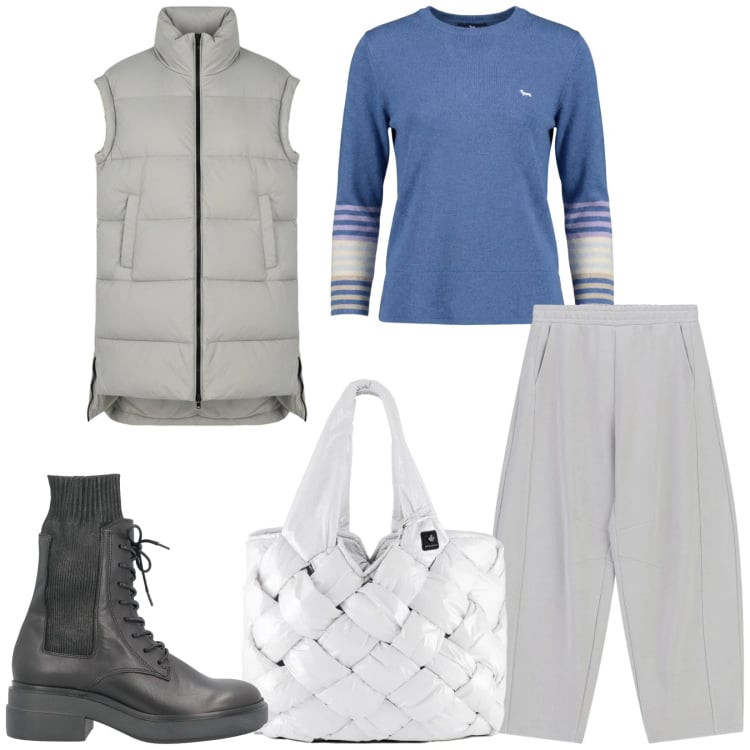 Outfit donna - Total look #2364093. Stile Casual chic per Tutti i giorni. Abbinamento con stivaletti, pullovers, pantaloni a palazzo, borse tote, piumini.