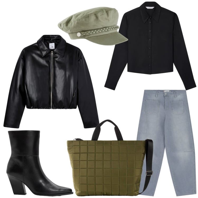 Outfit donna - Total look #2364095. Stile Urban per Tutti i giorni. Abbinamento con stivaletti, cappelli, shopping bag, giacche, camicie, jeans.