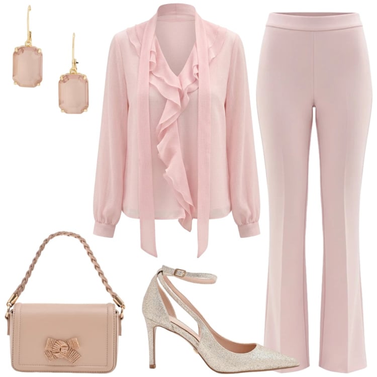 Outfit donna - Cerimonia in Rosa cipria. Stile Chic per Cerimonia. Abbinamento con bluse, pantaloni, décolleté, pochette, orecchini.