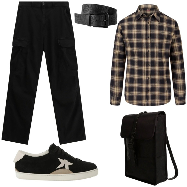 Outfit uomo - Lauro: a scuola in cargo.. Stile Urban per Tutti i giorni. Abbinamento con cinture, borse sportive, pantaloni cargo, sneakers, camicie.