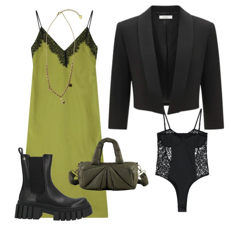 Outfit donna - Osare con lo chic !. Stile Rock per Serata fuori. Abbinamento con stivaletti, bolero, vestiti midi/longuette, borse a mano, body, ciondoli.