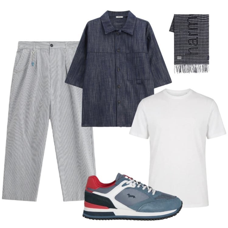 Outfit uomo - Valerio: comodoso. Stile Urban per Tutti i giorni. Abbinamento con sneakers, t-shirt, sciarpe, pantaloni, camicie a manica corta.