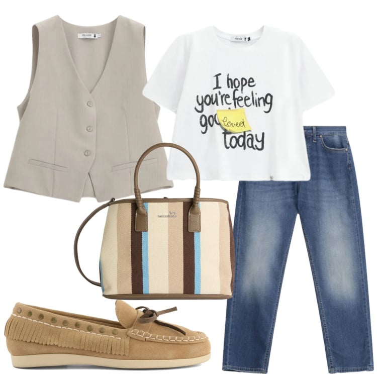 Outfit donna - Total look #2364122. Stile Casual chic per Tutti i giorni. Abbinamento con shopping bag, t-shirt, jeans dritti, gilet, mocassini.