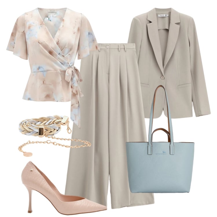 Outfit donna - Rilassata soft glam H24. Stile Bon Ton per Tutti i giorni. Abbinamento con shopping bag, pantaloni a palazzo, blazer, bluse, décolleté, cinture.