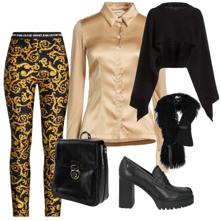 Outfit donna - Oro nero. Stile Glamour per Serata fuori. Abbinamento con mocassini, zaini, camicie, cinture, leggings, cappotti.