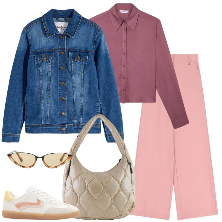 Outfit donna - Rilassata. Stile Casual per Scuola/Università. Abbinamento con blazer, sneakers, camicie, occhiali da sole, pantaloni a palazzo, borse tote.