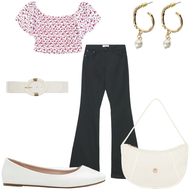 Outfit donna - Top e jeans. Stile Trendy per Tutti i giorni. Abbinamento con ballerine, cinture, bluse, jeans a zampa, borse a mano, orecchini.