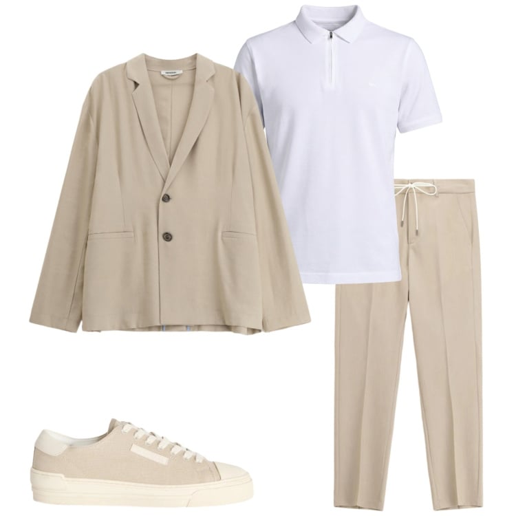 Outfit uomo - Toni sabbia e beige. Stile Business/Elegante per Ufficio. Abbinamento con sneakers, polo, giacche, pantaloni.