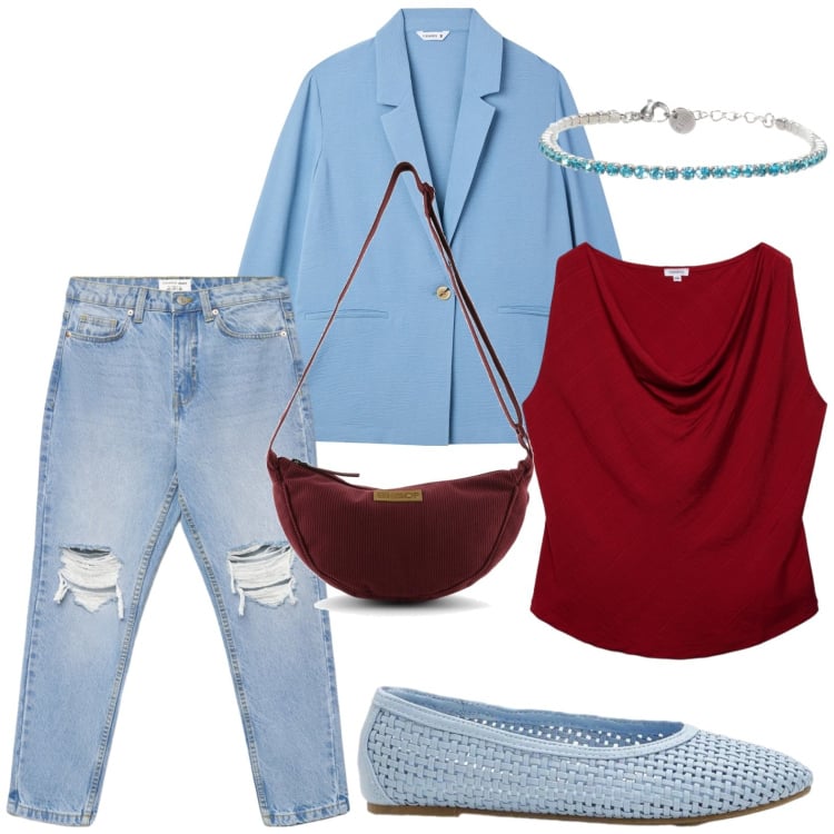 Outfit donna - Celeste e bordeaux. Stile Minimal per Tutti i giorni. Abbinamento con ballerine, top, blazer, jeans mom, braccialetti, borse a tracolla.