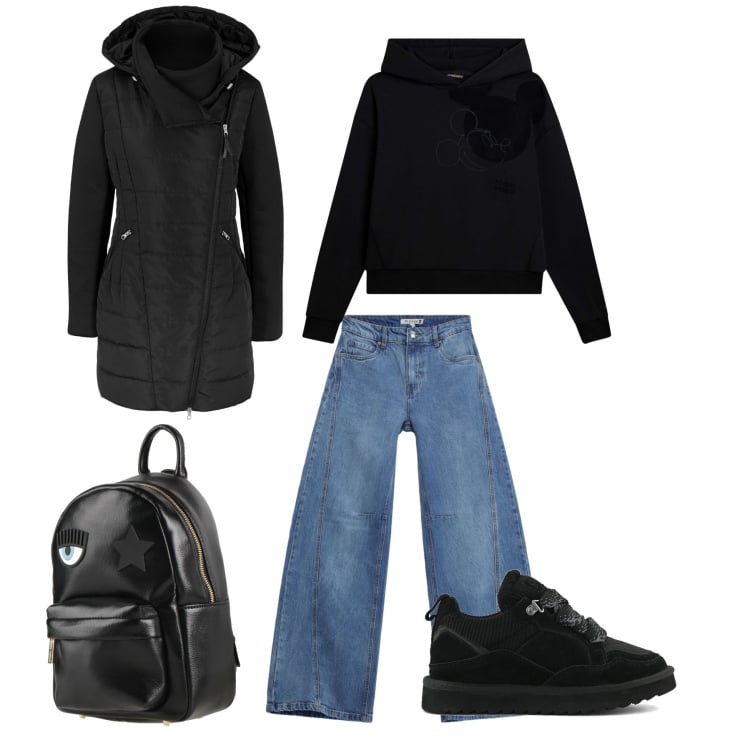 Outfit donna - Giorno lavorativo. Abbinamento con zaini, blazer, jeans, felpe con cappuccio, sneakers alte.