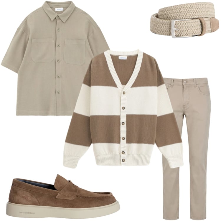 Outfit uomo - Toni sabbia e beige. Stile Casual per Tutti i giorni. Abbinamento con cinture, pantaloni, scarpe stringate, cardigans, camicie a manica corta.
