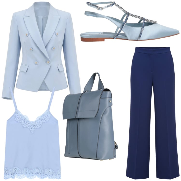 Outfit donna - Soft look di primavera. Stile Chic per Tutti i giorni. Abbinamento con ballerine, zaini, pantaloni a palazzo, blazer, top.